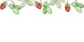 Watercolor hand painted nature fresh berry greenery banner composition with red wild strawberry, green leaves and stem Royalty Free Stock Photo