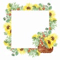 Watercolor hand painted nature garden floral squared border frame with yellow sunflower, orange sea buckthorn and green eucalyptus