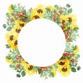 Watercolor hand painted nature garden meadow circle frame with yellow sunflower, orange sea buckthorn berry and green eucalyptus l