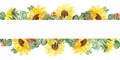 Watercolor hand painted nature garden plants banner composition with yellow sunflower, orange sea buckthorn and green eucalyptus l