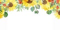 Watercolor hand painted nature garden plants bouquet with yellow sunflower, orange sea buckthorn and green eucalyptus leaves on br