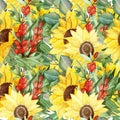 Watercolor hand painted nature garden plants seamless pattern background with yellow sunflowers, orange sea buckthorn berries and Royalty Free Stock Photo