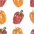 Watercolor hand painted nature garden plants seamless pattern with orange and red bell peppers with green stem vegetables Royalty Free Stock Photo