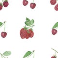 Watercolor hand painted nature garden seamless pattern with red cherry, strawberry, raspberry berries branches with green leaves Royalty Free Stock Photo