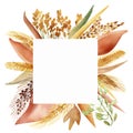 Watercolor hand painted nature grain field squared border frame with yellow, green and white, oats, barley, millet grain cereals a