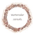 Watercolor hand painted nature grain fields circle frame with brown cereal ears bouquet wreath composition