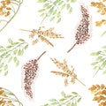 Watercolor hand painted nature grain fields seamless pattern with golden, brown, green cereal branches