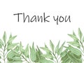 Watercolor hand painted nature greenery frame composition with green eucalyptus long leaves on branch bouquet and thank you text Royalty Free Stock Photo