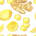 Watercolor hand painted nature healthy herbal fruit seamless pattern with yellow lemon and ginger root spices slice