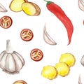 Watercolor hand painted nature healthy herbal seamless pattern with white garlic lobule, ginger root slice and red chili pepper i