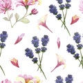 Watercolor hand painted nature meadow floral seamless pattern with pink honeysuckle, purple lavender blossom flowers and petals on Royalty Free Stock Photo