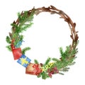 Watercolor hand painted nature new year circle wreath with brown branches, green christmas tree fir branches Royalty Free Stock Photo