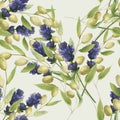 Watercolor hand painted nature provence seamless pattern with purple lavender flowers and green olives branches and leaves bouquet Royalty Free Stock Photo