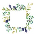 Watercolor hand painted nature provence squared border frame with green olives branch, purple lavender flowers and white bergamot