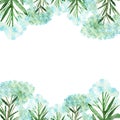 Watercolor hand painted nature romantic banner with blue flower yarrow and green branches Royalty Free Stock Photo