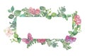Watercolor hand painted nature romantic banner frame with green eucalyptus plants, pink blossom peony flowers and butterflies Royalty Free Stock Photo