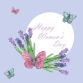 Watercolor hand painted nature romantic floral composition with purple lavender flowers and green leaves, pink and blue butterflie Royalty Free Stock Photo