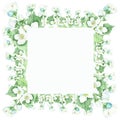 Watercolor hand painted nature romantic squared frame with white flowers and buds blossom jasmine and green leaves Royalty Free Stock Photo