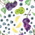 Watercolor hand painted nature spring fruits seamless pattern with purple lilac branches with green leaves, blueberries, yellow le Royalty Free Stock Photo