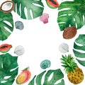 Watercolor hand painted nature squared border frame with green palm leaves, mango, pineapple, papaya, coconut fresh fruits and sea Royalty Free Stock Photo