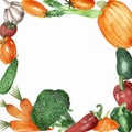 Watercolor hand painted nature squared border frame with orange carrot, pumpkin, bell pepper, green cucumber, broccoli, avocado, a