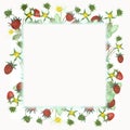 Watercolor hand painted nature squared border frame with red wild strawberries, white blossom flowers and green leaves on branches Royalty Free Stock Photo