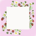 Watercolor hand painted nature squared border frame with red wild strawberries, white blossom flowers and green leaves on stem