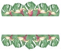 Watercolor hand painted nature tropical banner with green palm leaves and pink blossom honeysuckle flowers Royalty Free Stock Photo