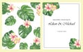 Watercolor hand painted nature tropical floral wedding frame set with green palm leaves and pink plumeria flowers with names text Royalty Free Stock Photo