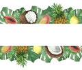 Watercolor hand painted nature tropical fresh banner composition with coconut, mango, papaya, pineapple, lemon fruits and green pa Royalty Free Stock Photo