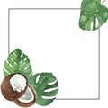 Watercolor hand painted nature tropical fresh squared border line frame with green palm leaves and brown coconut fruits