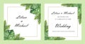 Watercolor hand painted nature tropical wedding two frames set with green palm and fern leaves, border line and names Royalty Free Stock Photo