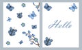 Watercolor hand painted nature two frame compositions set with blue blossom flowers, flying butterflies and branches Royalty Free Stock Photo