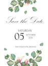 Watercolor hand painted nature wedding frame composition with green eucalyptus branches, pink flowers and save the date, date text