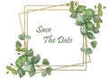 Watercolor hand painted nature wedding frame composition with green eucalyptus leaves on branch and golden squared border lines wi