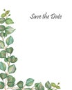 Watercolor hand painted nature wedding frame composition with green eucalyptus leaves on branches with save the date text