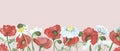 Watercolor hand painted nature wild floral banner frame with red poppy and white chamomile flowers bouquet on the beige background Royalty Free Stock Photo