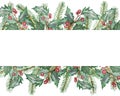 Watercolor hand painted nature winter holiday banner frame with green fir branches and holly red berries, green leaves composition Royalty Free Stock Photo