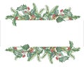 Watercolor hand painted nature winter holiday banner frame with green fir branches, holly red berries and leaves composition Royalty Free Stock Photo