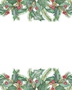 Watercolor hand painted nature winter holiday banner frame with green fir branches and holly red berries and green leaves Royalty Free Stock Photo