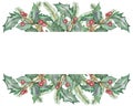 Watercolor hand painted nature winter holiday banner frame with holly red berries, green leaves and fir branches bouquet Royalty Free Stock Photo