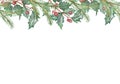 Watercolor hand painted nature winter holiday border banner frame with green fir branches, red holly berries and leaves compositio Royalty Free Stock Photo