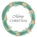 Watercolor hand painted nature winter holiday circle frame with green fir branches wreath and gingerbread cookies composition with Royalty Free Stock Photo