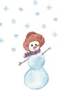 Watercolor hand painted nature winter holiday composition with funny snowman in a red hat and skarf with blue snowflakes Royalty Free Stock Photo