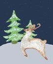 Watercolor hand painted nature winter holiday composition with green fir landscape and brown deer on white snow on the dark blue b Royalty Free Stock Photo