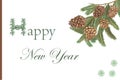 Watercolor hand painted nature winter holiday frame with green fir branches, brown cones and green snowflakes with happy new year