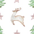 Watercolor hand painted nature winter holiday seamless pattern with deer, pink stars and green fir christmas trees isolated on the Royalty Free Stock Photo
