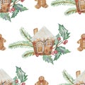 Watercolor hand painted nature winter holiday seamless pattern with gingerbread house and man cookies, green fir branches Royalty Free Stock Photo