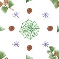 Watercolor hand painted nature winter holiday seamless pattern with green fir branches, brown cones, purple and green snowflakes i