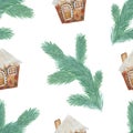 Watercolor hand painted nature winter holiday seamless pattern with green fir branches and gingerbread cookies house shape with gl Royalty Free Stock Photo
